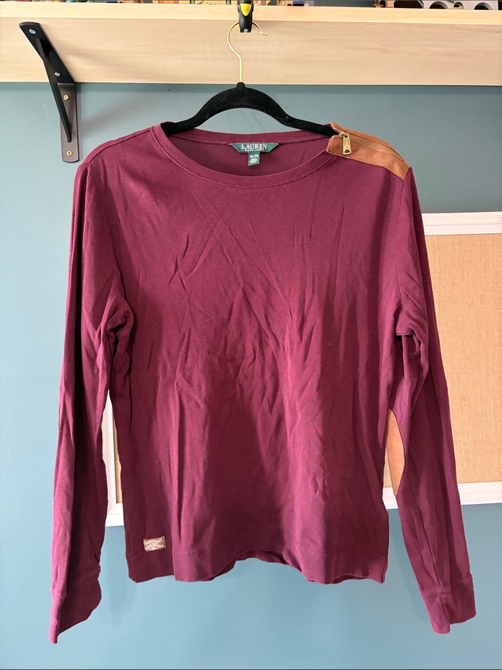 LAUREN Ralph Lauren Men's Long-Sleeve Crewneck Shirt - Burgundy with Tan Accent